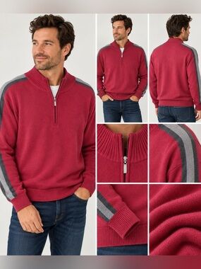 Oscar de la Renta Men’s XL Quarter Zip Sweater Red Gray Fall 2009